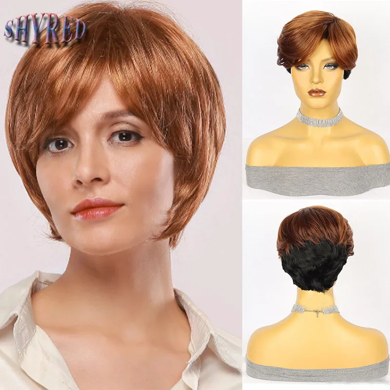 

Lady Short Ginger Black Synthetic Wigs With Bangs for Women Pixie Cut Hairstyle Women Daily Cosplay Natural Looking Hair Wigs