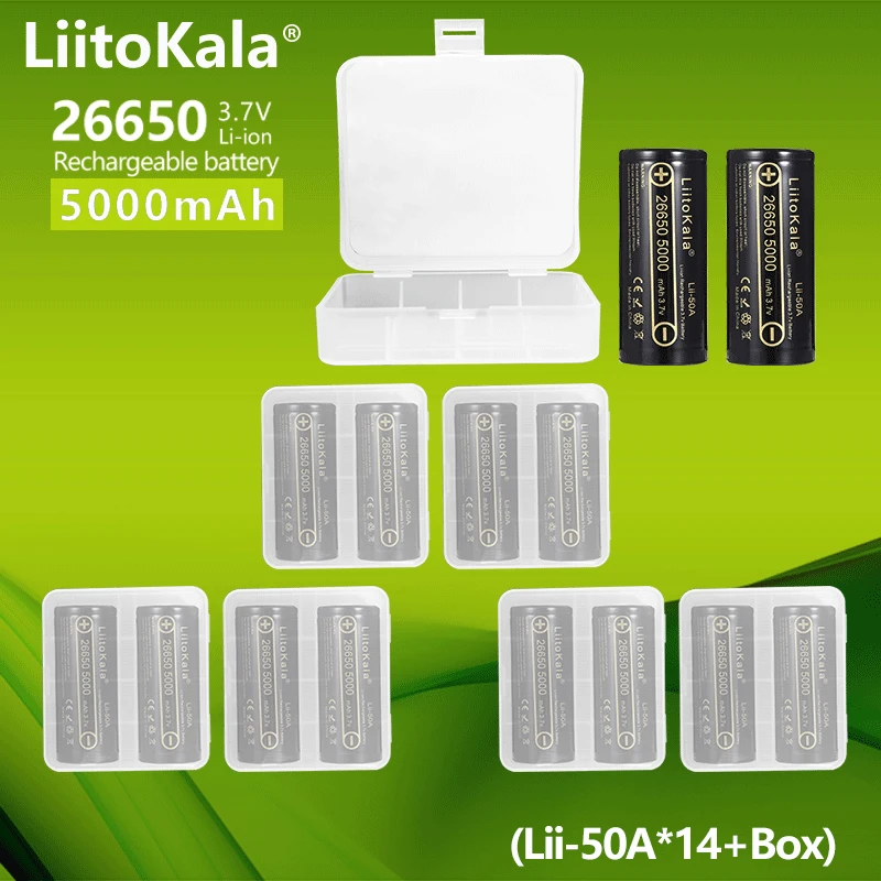 Аккумуляторная литиевая батарея LiitoKala, 26650 мАч, 20 А, 26650A, 5000 в, 3,7 мА, подходит для фонарика, 14 шт.
Аккумуляторная литиевая батарея LiitoKala, 26650 мАч, 20 А, 26650A, 5000 в, 3,7 мА, подходит для фонарика, 14 шт.