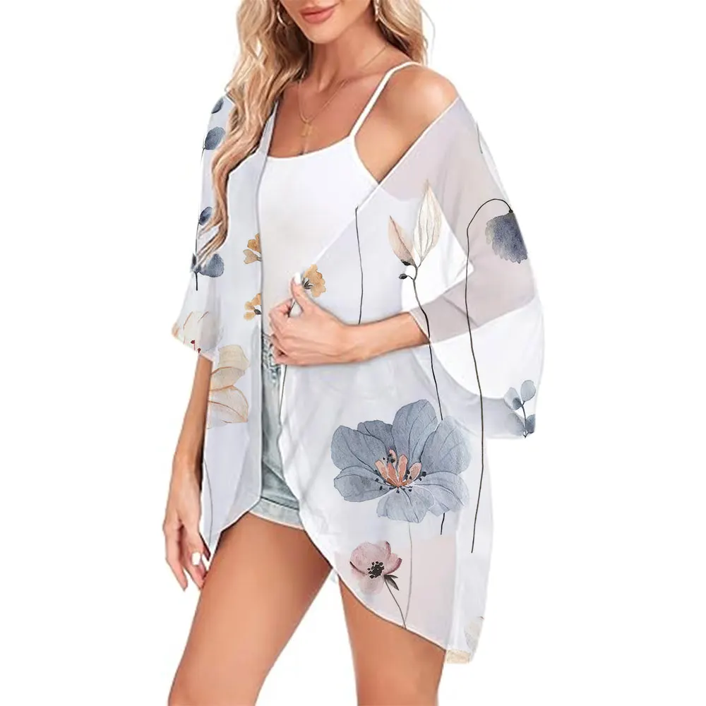 

Summer Women's Floral Print Puff Sleeve Kimono Cardigan Loose Cover Up Casual Blouse Tops Beachwear Kimono Chiffon Tops For Lady