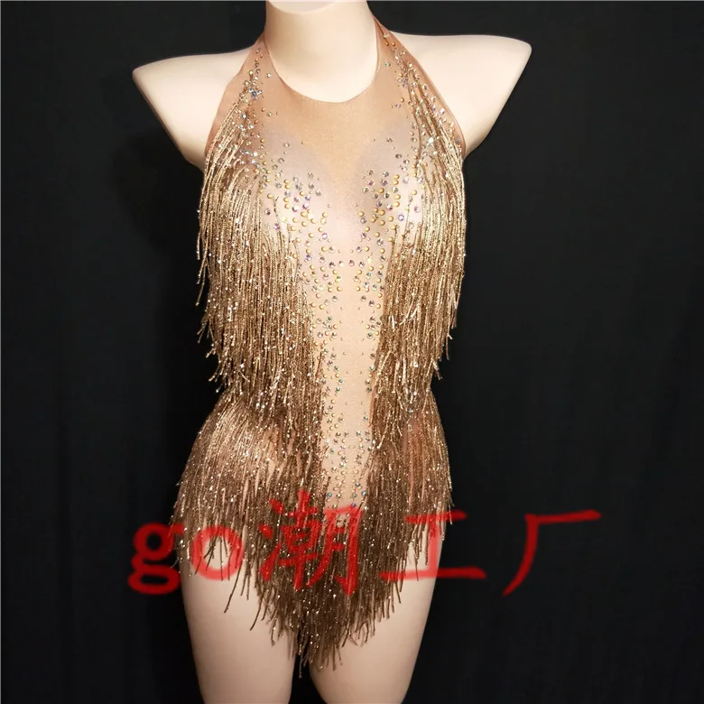 Женское золотистое боди Стразы с кисточками из спандекса, костюм для вечеринки на день рождения, вечерний сценический наряд, одежда для ночного клуба, танцев, шоу 
Женское золотистое боди Стразы с кисточками из спандекса, костюм для вечеринки на день рождения, вечерний сценический наряд, одежда для ночного клуба, танцев, шоу