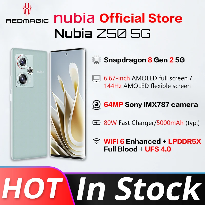 

Original Nubia Z50 Z50s Phone 5G 12GB 256GB 6.67 inch 144Hz AMOLED Screen Snapdragon 8 Gen 2 Octa Core 80W Fast Charge NFC
