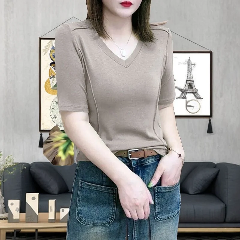 

Spring Summer Elegant Fashion Harajuku Slim Fit Female Clothes Loose Casual All Match Tshirts Solid V Neck Short Sleeve T-shirts