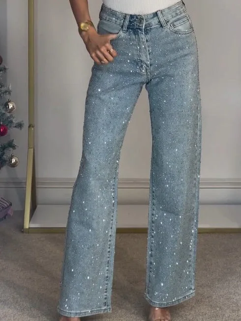 Straight Jeans for Women Diamonds Pants Stretch High Waist Washed Distressed Pockets Vintage Denims Streetwear Female Trousers 45 S1e629871d8c7434b92ab6ed8db404475T