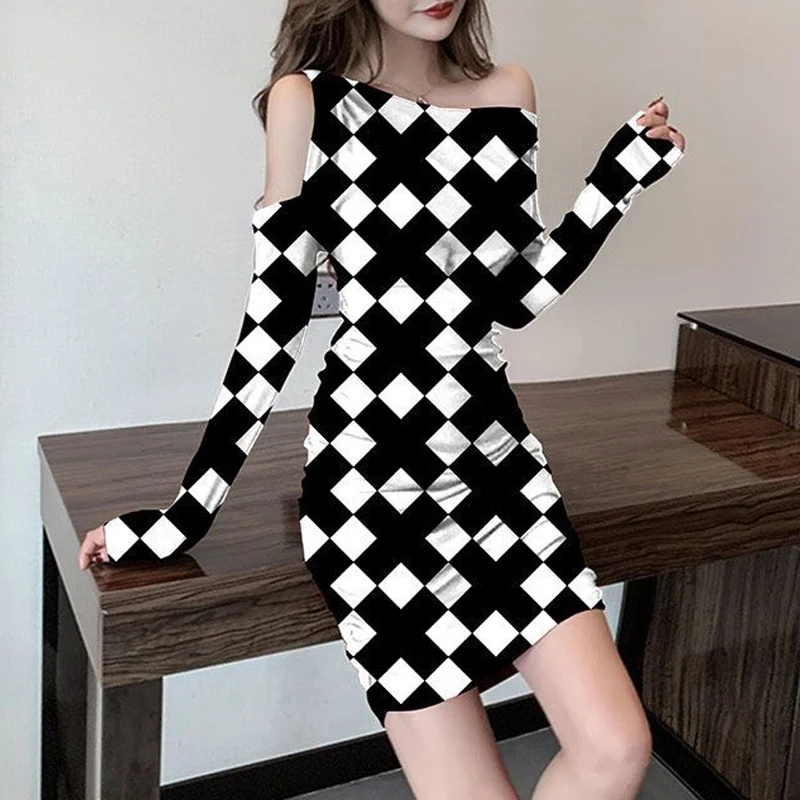 

Spring Autumn Diagonal Collar Fashion Long Sleeve Mini Dress Women High Street Slim Off Shoulder Dresses Plaid Printing Vestidos