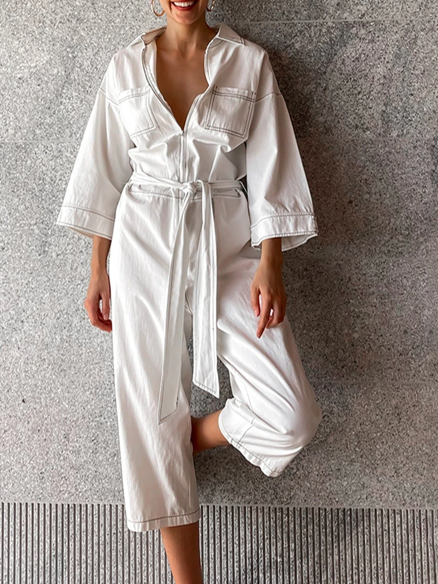 

Summer Overalls For Women Denim Jumpsuits Long Sleeve Lapel Belted Wide Leg Pants Romper Streetwear