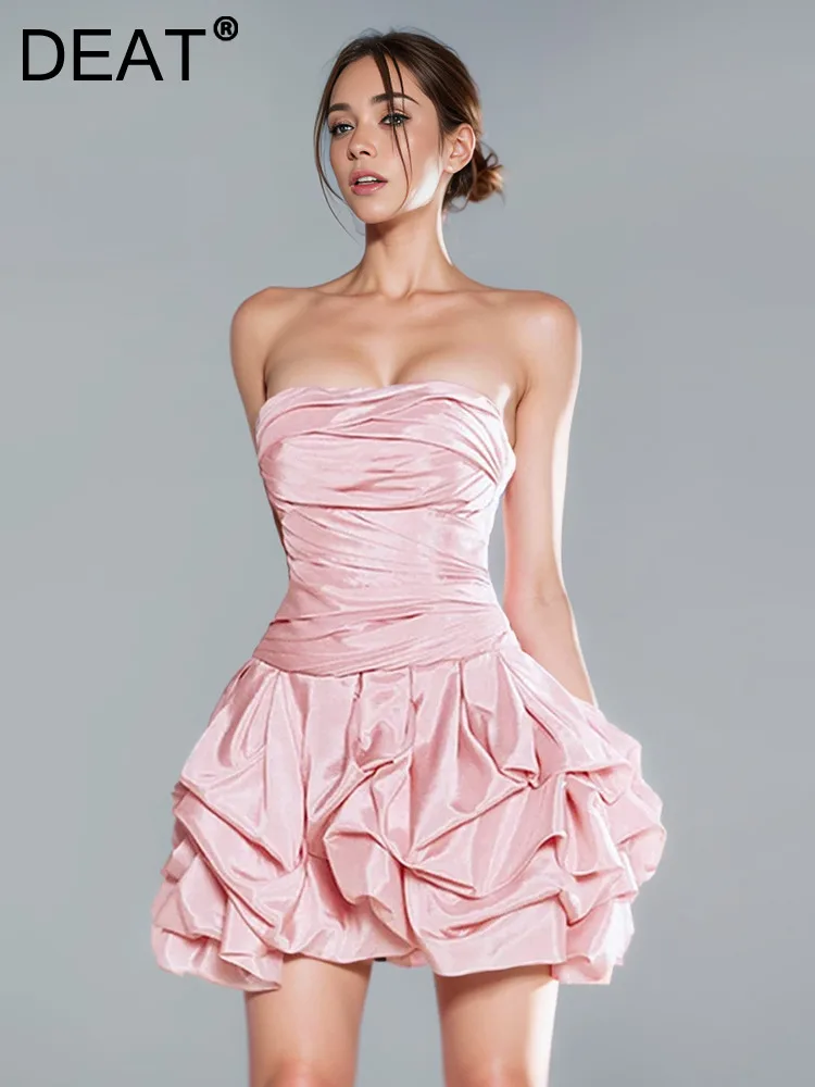 

DEAT Fashion Women's Folds Slash Neck Dress Patchwork A Line Slim Fit Mini Pink Strapless Dresses Summer 2024 New Tide 15KB1828