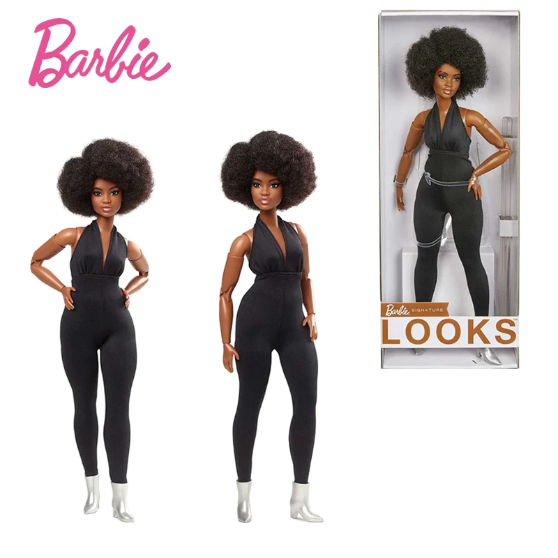 

Barbie Signature Looks Doll Curvy Brunette Fully Posable Fashion Doll Wearing Black Jumpsuit Gift for Collector Action Toy GTD91