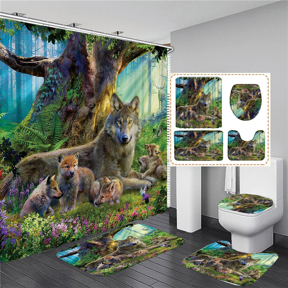 Forest Wolf Shower Curtain Sets Rug Toilet Lid Cover Bath Mat Waterproof Polyester Wild Animal Bathroom Shower Curtain Set Decor
Forest Wolf Shower Curtain Sets Rug Toilet Lid Cover Bath Mat Waterproof Polyester Wild Animal Bathroom Shower Curtain Set Decor