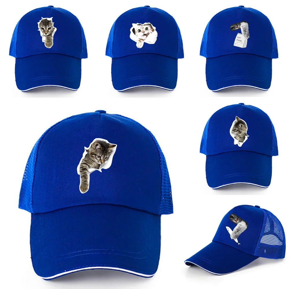 

Модные бейсболки с милым рисунком кота, мужские и женские быстросохнущие Снэпбэк кепки, летние дышащие сетчатые головные уборы в стиле хип-хоп