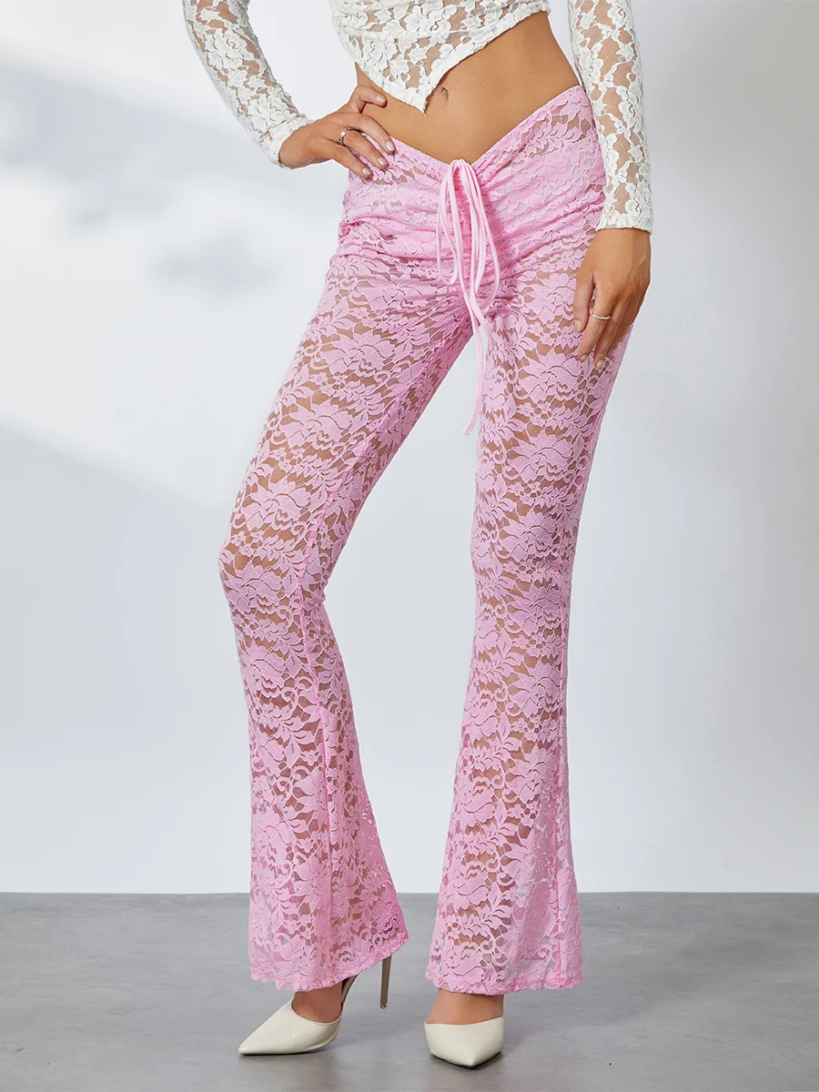 

Women Lace Floral Sheer Mesh Flare Pant Drawstring Low Rise Bell-Bottoms Sexy See Through Party Club Leggings Streetwear