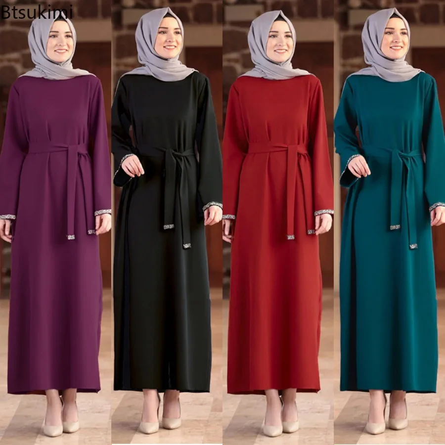 

Muslim Fashion Abayas for Women Elegant Long Dress with Belted Dubai Arab Casual Long Sleeve Robe Caftan Ladies Islamic Clothing