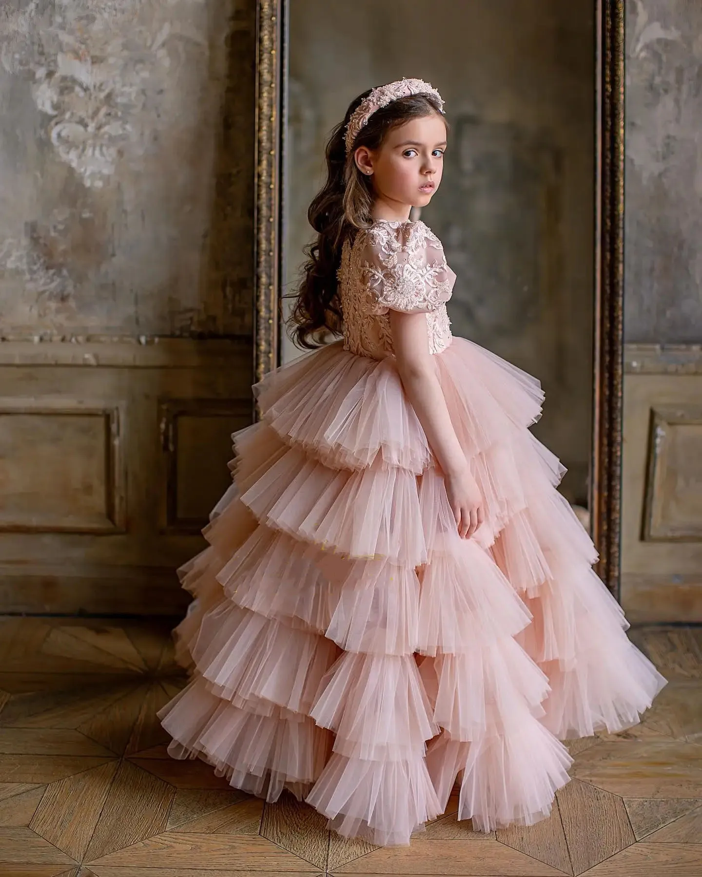 

2023 Lace Flower Girl Dresses Puffy Tulle Sky Blue/Pink Layered Floor Length First Communion Dress Birthday Party Ball Gown