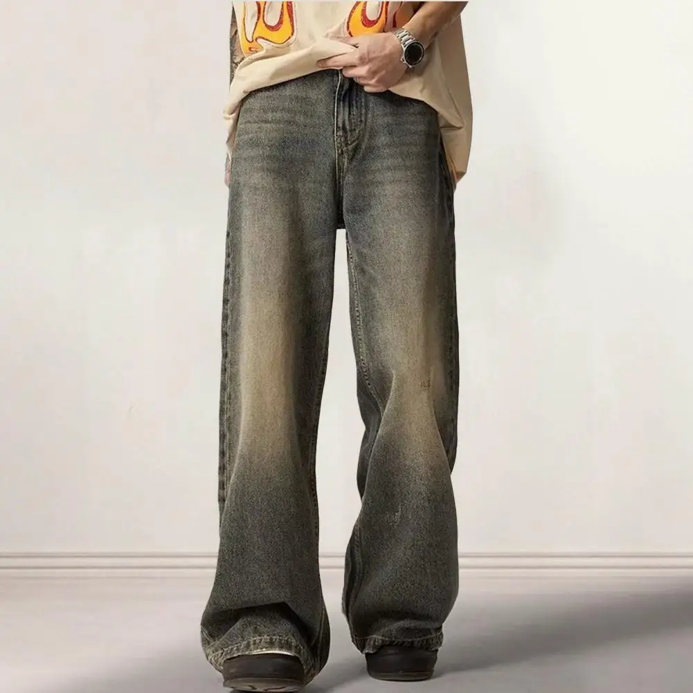 

Men Straight Wide Leg Jean Retro Style Mid-rise Zipper Button Fly Denim Bottoms Trousers Pockets Design Hip Hop Casual Long Pant