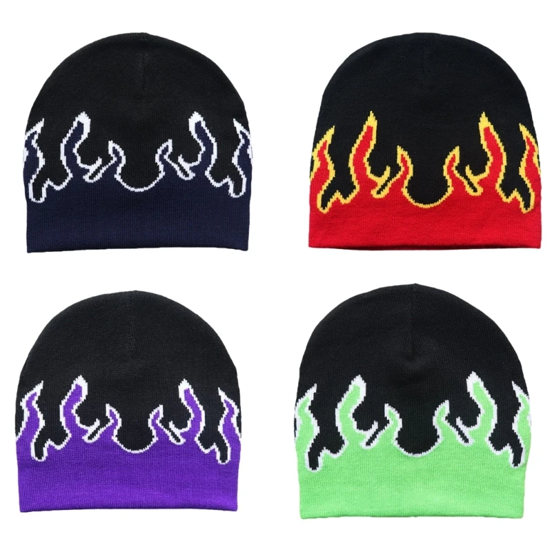 

Y2K Beanies Flame Beanie Knit Fire Flame Beanie Skullies Beanie Flame Skull Cap Dropship