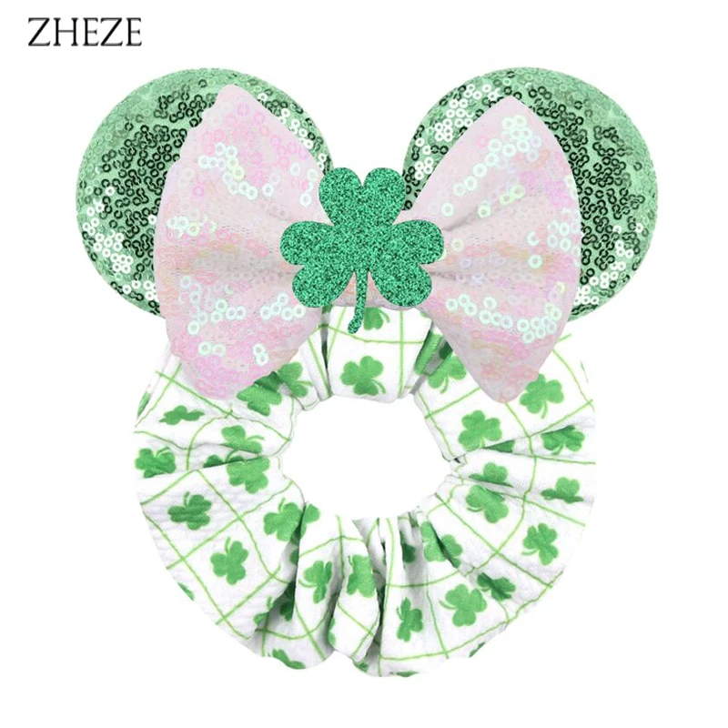 

NEW St Patrick's Mouse Ears Hair Scrunchies Headband For Girls Spring Elastic Ponytail Rope Hairband Women DIY Hair Accessories