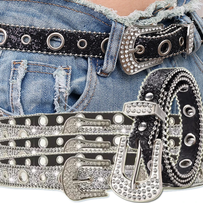 

Y2K Rhinestone Belt Punk Hot Girl Buckle Belts Silver Leather Elastic Binding Embellished Waistband Sparkling Retro Accessories