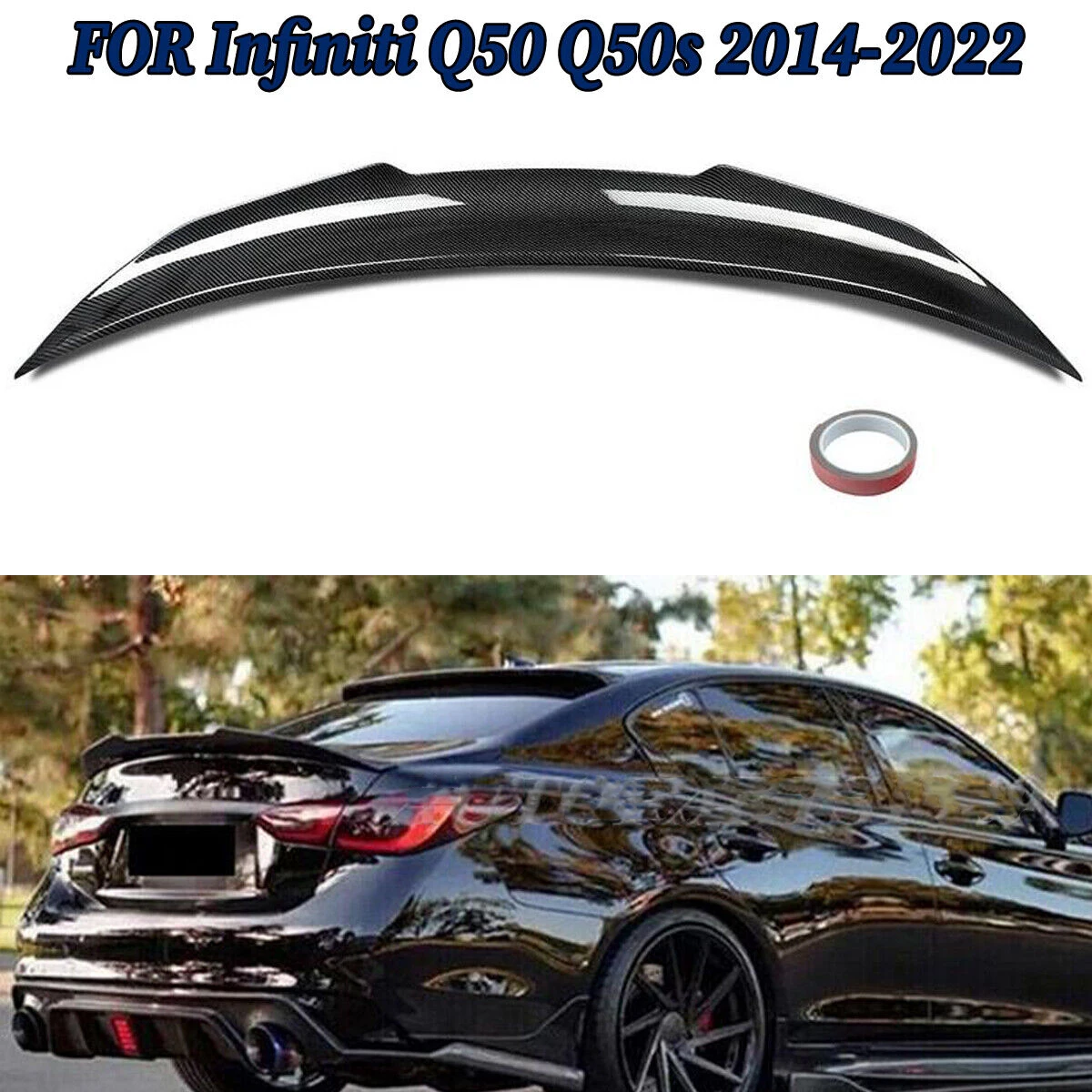 Rear Lip Trunk Spoiler Wing For 14-24 Infiniti Q50 Sedan PSM Carbon Fiber Style Rear Lip Trunk Spoiler Wing For 14-24 Infiniti Q50 Sedan PSM Carbon Fiber Style