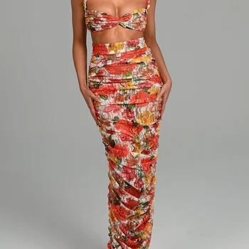 Conjunto Primavera-Outono: Elegância e Juventude no Estilo Coreano 7 Mozision Women Party Set Strapless Top And Skirt Sets Female Ruched Print Sexy Two Piece Set High Quality Fashion Sexy Skirt Set