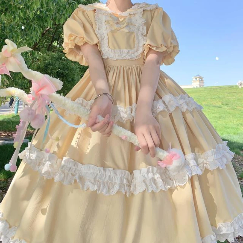 

Japanese Harajuku Victorian Retro Lolita Princess Dress Girl Cute Fresh Pastoral Style Ruffles Puff Short Sleeve OP Kawaii Dress