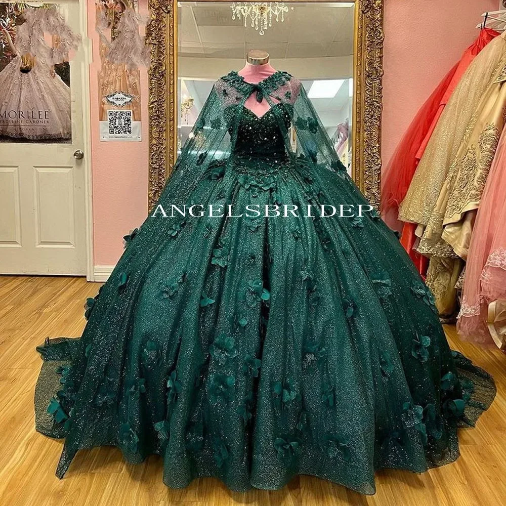 

Изумрудно-зеленое бальное платье с бусинами и кристаллами, платье для Quinceanera с накидкой, 3D Цветы, корсет, платье для 15 лет
