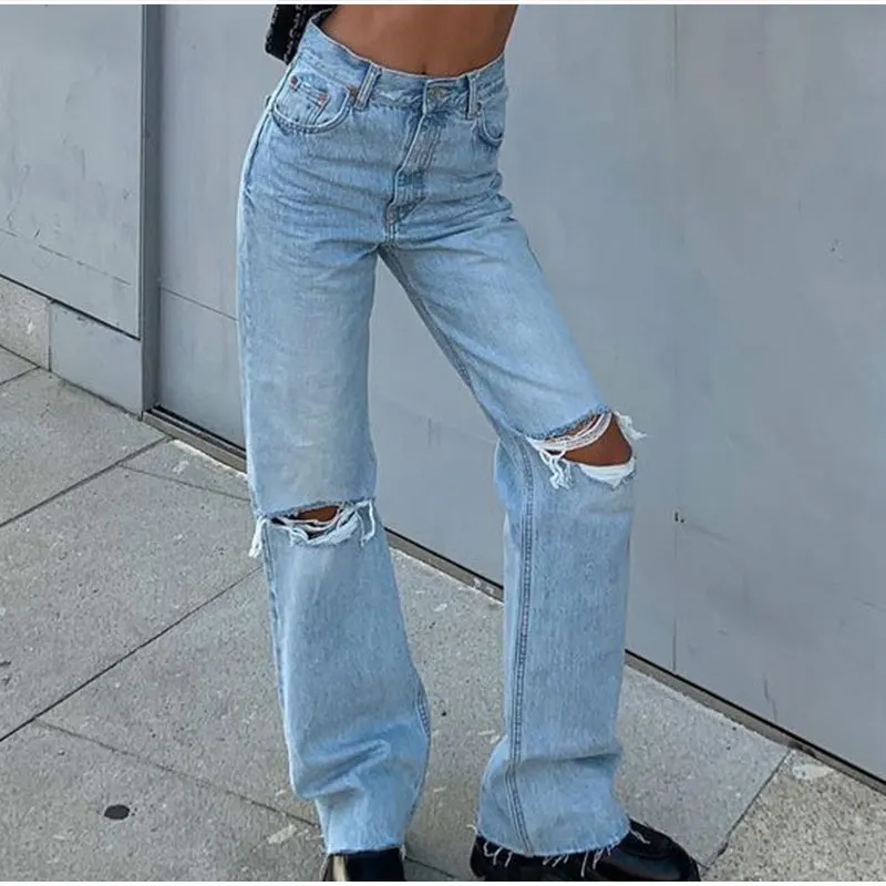 

High Waist Baggy Straight Jeans Mom Streetwear Ripped Hole Distressed Denim Pants Vintage Women Casual Tassels Wide Leg Trousers