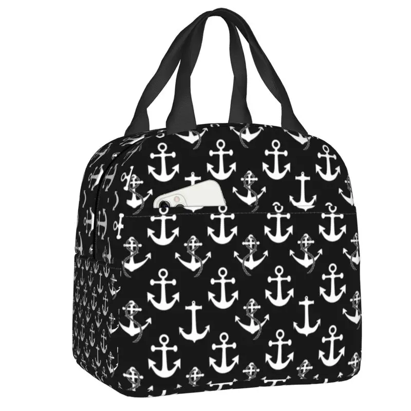 

Black And White Nautical Anchor Pattern Insulated Lunch Bags for Women Sailing Sailor Resuable Cooler Thermal Food Lunch Box Kid