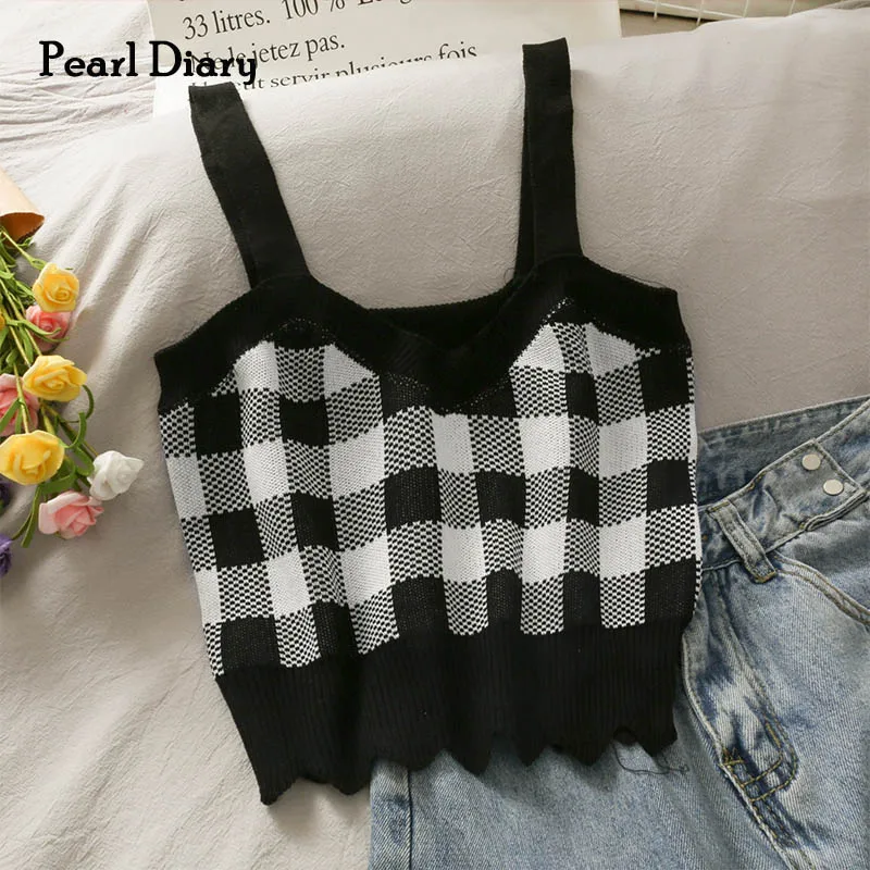

Liba Sin Women Knitting Tops Plaid Cute Strappy Crop Top Summer Ladies V Neck Scallop Edge Check Knit Going Out Camis Tops