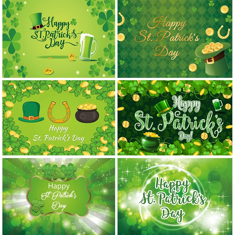 

Happy St Patricks Day Photo Backdrop Irish Shamrock Leprechaun Party Decorations Banner Gold Coins Green Hat Festival Background