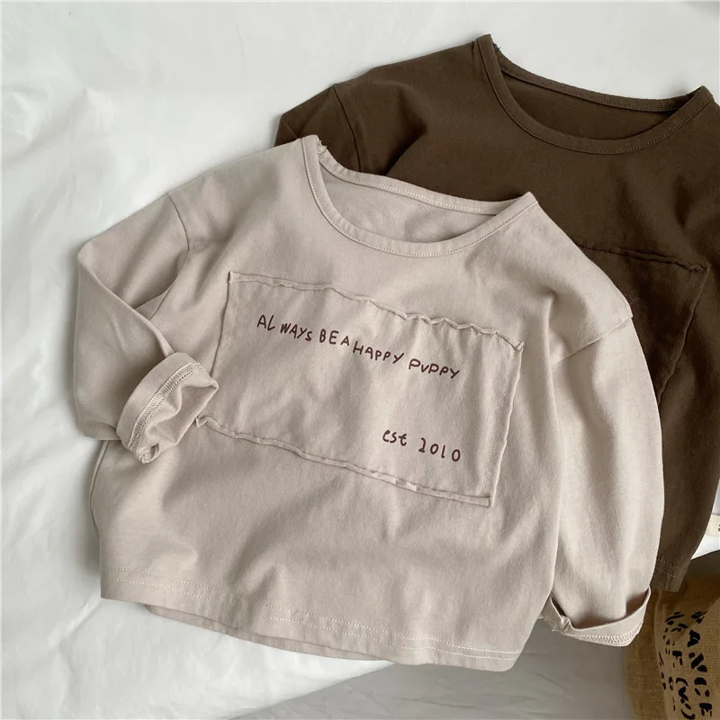 2025 Spring New Children Long Sleeve T Shirts Letter Patch Boys Vintage T Shirt Kids Bottoming Tops Baby Casual Tee Clothes 4 S1e8633370a9f4eb295afa24f2cf6b43ee