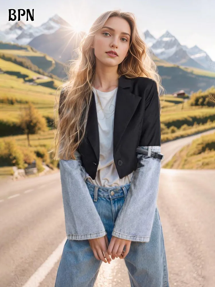 

BPN Casual Patchwork Denim Jackets For Women Notched Collar Long Sleeve Hit Color Spliced Belts Minimalist Coats Female Clothing