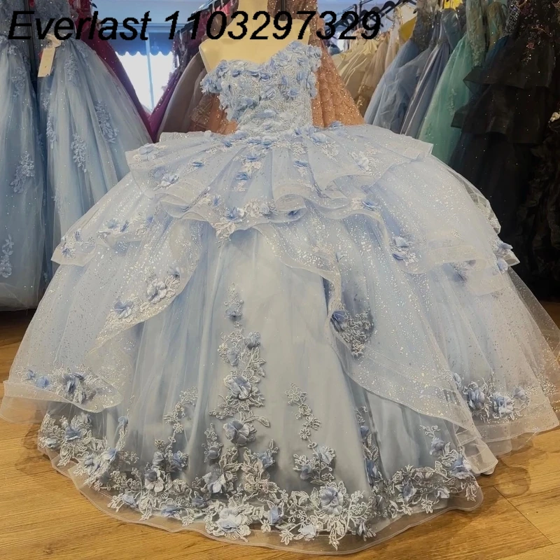 

EVLAST Shiny Blue Quinceanera Dress 2024 Ball Gown 3D Floral Applique Beading Tiered Corset Sweet 16 Vestidos De 15 Años TQD176