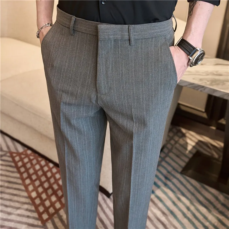 

Spring Summer Vertical Stripes Business Dress Pants Men Slim Office Social Casual Suit Pant Wedding Groom Trousers Men Clothing