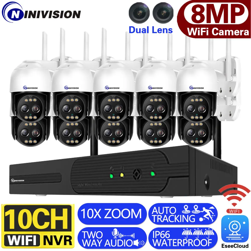 

10CH Wifi NVR Security 4k Ip Intelbras Eseecloud Systems 10X Zoom Auto Tracking 360° PTZ Control Network Video Surveillance Kit