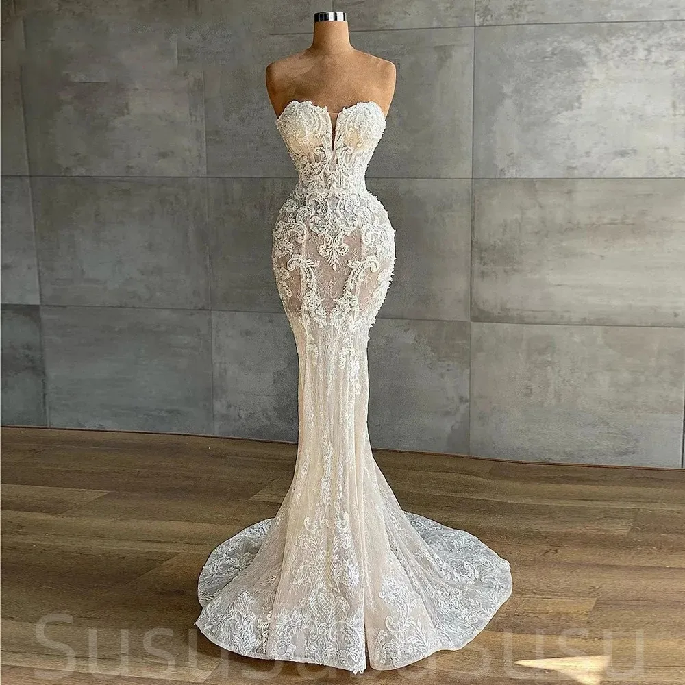

Кружевное свадебное платье-русалка, роскошное свадебное платье с кристаллами и бисером, без бретелек, без рукавов, с аппликацией, свадебные платья для невесты