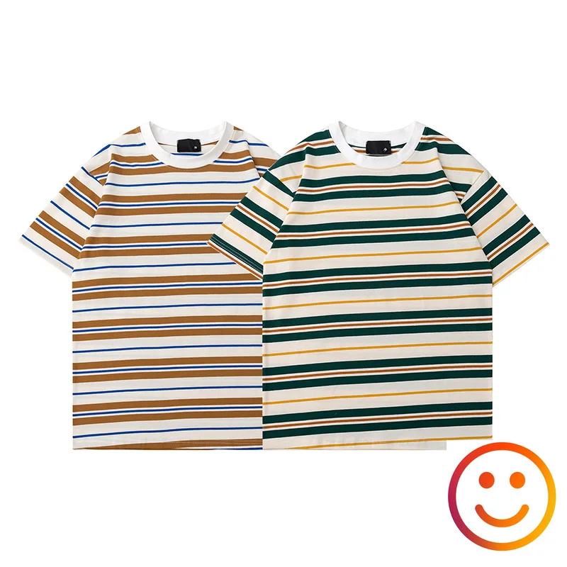 

Полосатая футболка с коротким рукавом Мужская Новая летняя Модная брендовая свободная хлопковая одежда с круглым вырезом для подростков y2k