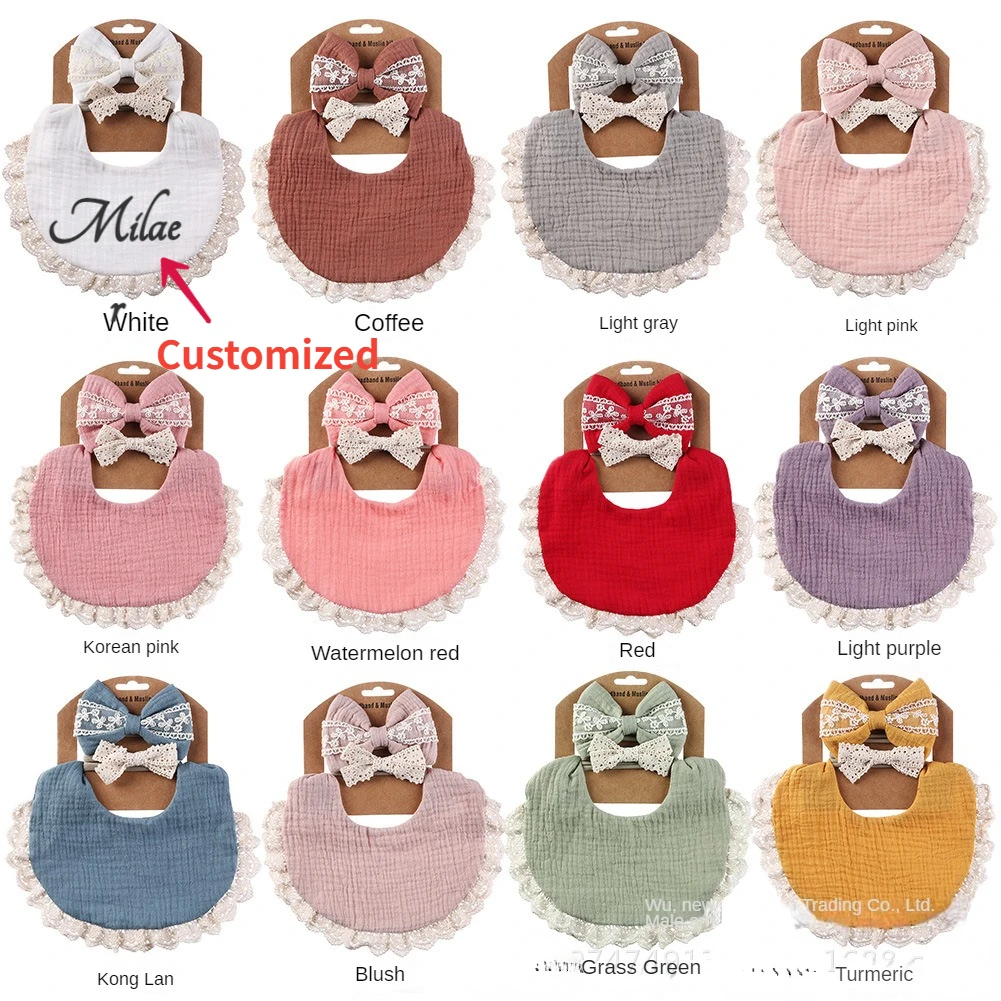 

Customized Style Baby Feeding Bib Lace Bow Headband Infants Saliva Towel Toddler Soft Cotton Burp Cloth for Newborn Kids Bibs