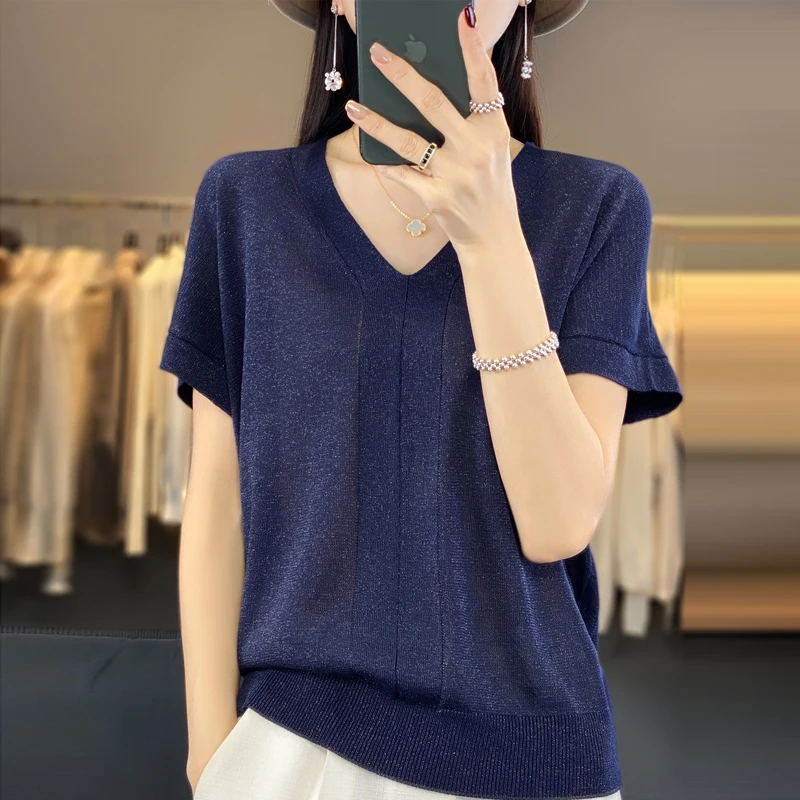 Luxury Summer High End Fabric Tencel Gilded Yarn V-Neck Short Sleeve T-shirt Women's Knitted Thin Loose Silk
Luxury Summer High End Fabric Tencel Gilded Yarn V-Neck Short Sleeve T-shirt Women's Knitted Thin Loose Silk