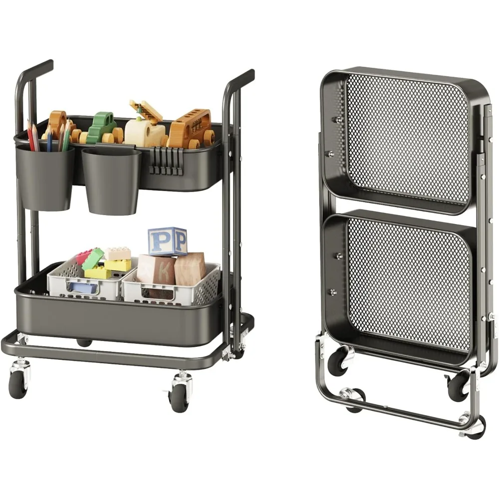 

2 Tier Foldable Rolling Cart, Metal Utility Cart with Lockable Wheels, Folding Storage Trolley for Living Room，Kitchen，Bathroom
