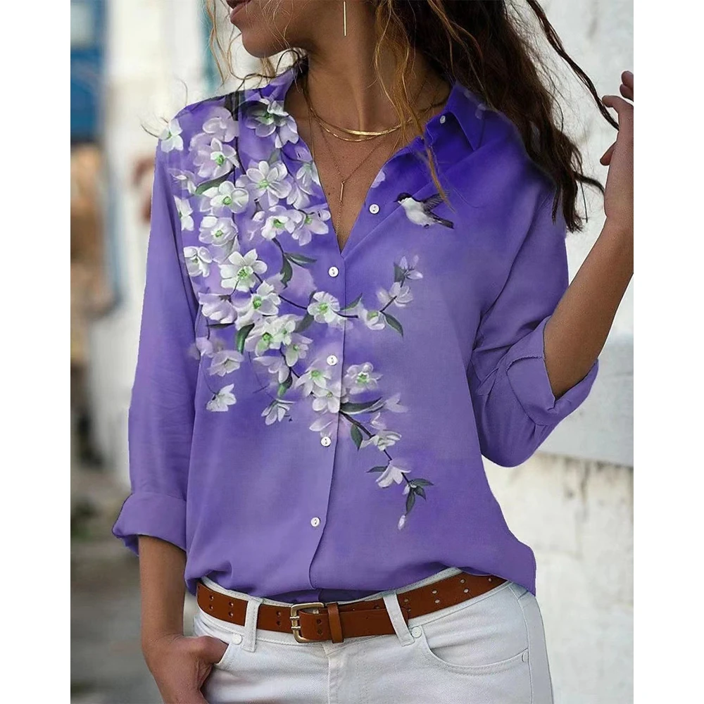 

Floral Print Long Sleeve Casual Shirts for Women Turn-down Collar Elegant Blouse Buttoned Top Spring Going Out Street wear