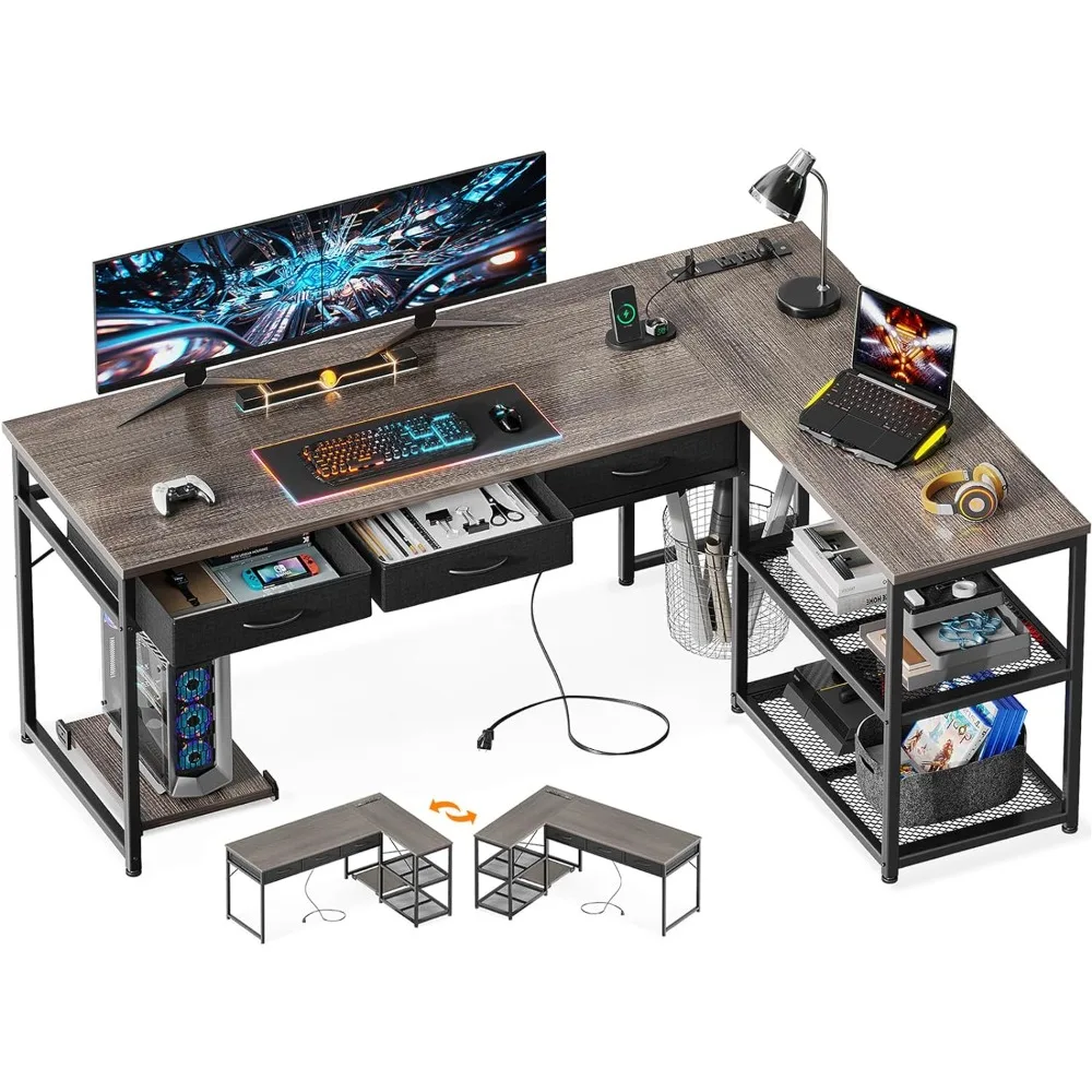 

61 Inch L Shaped Computer Desk with Drawers, Corner Desk with Power Outlets & Reversible Storage Shelves, Movable CPU