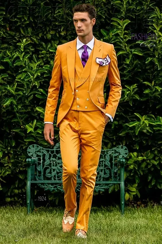 

Yellow Double Breasted Men Suit Smart Casual Slim Fit 3 Piece Prom Party Tuxedo Italian Custom Groom Blazer Sets Terno Masculino