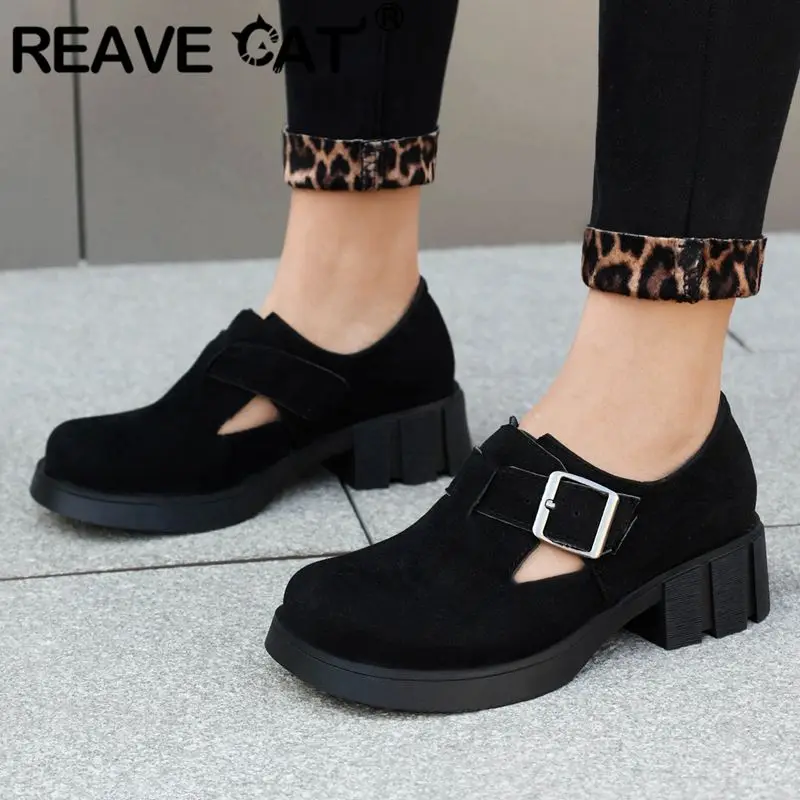 

REAVE CAT Classic Women Pumps Flock Suede Round Toe Block Heels 4.5cm Buckle Strap Big Size 41 42 43 Casual Daily Summer Shoes