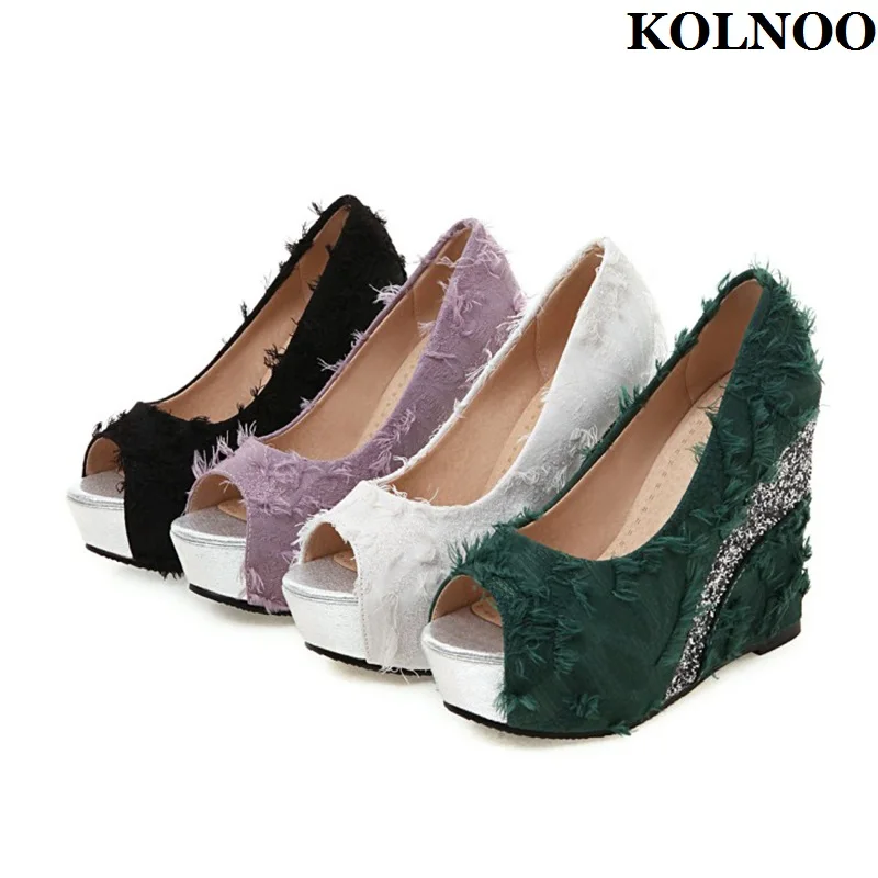 

Kolnoo Handmade New Classic Style Ladies Wedges Heels Sandals Slip-on Peep-toe Sexy Daily Wear Summer Evening Fashion Prom Shoes