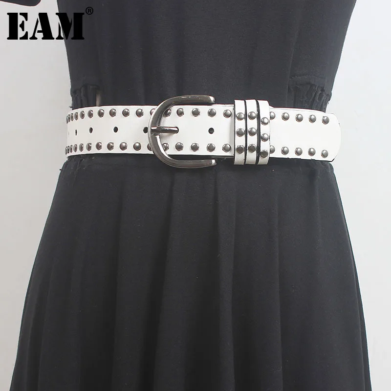 

[EAM] Pu Leather White Vintage Rivet Long Wide Belt Personality Women New Fashion Tide All-match Spring Autumn 2024 1DH5552
