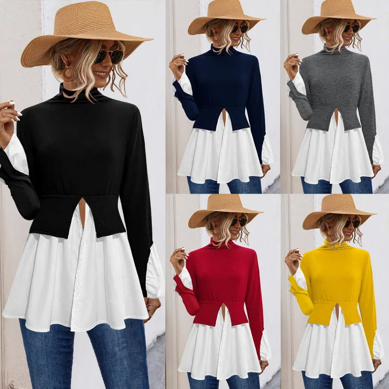 

2024 New Summer Oversized High Waist Retro Elegant Fashion Women's Shirt Solid Splicing Irregular Turtleneck Long Sleeve Tops