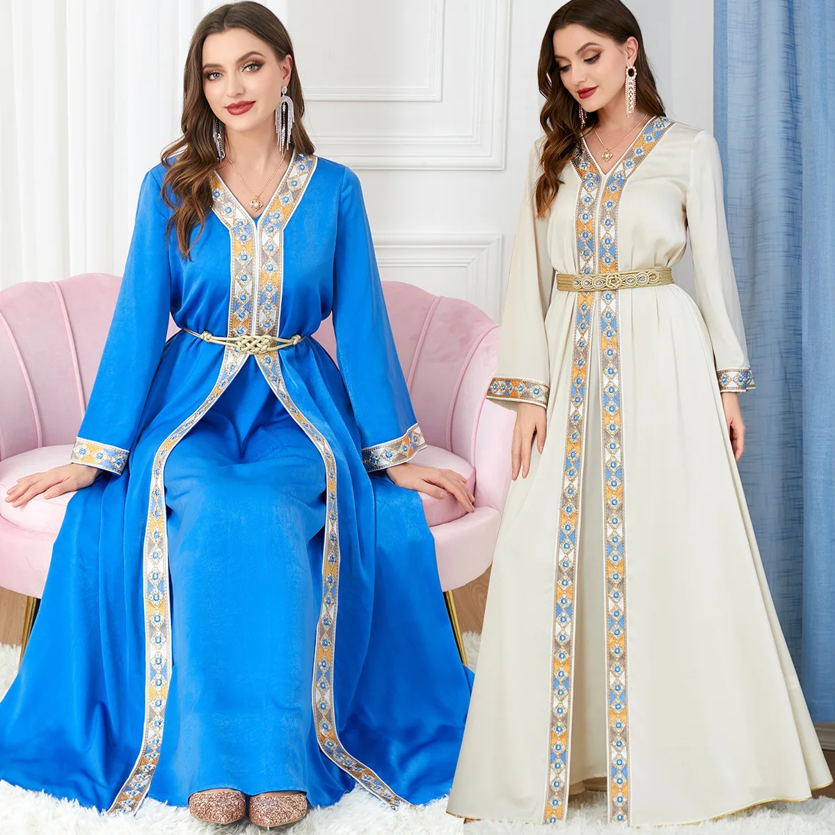 Middle East Abaya Women's Muslim Dress Arabic Modest Colthing Split V-neck Long Sleeve Two Piece Dresses Muslim Sets
Middle East Abaya Women's Muslim Dress Arabic Modest Colthing Split V-neck Long Sleeve Two Piece Dresses Muslim Sets