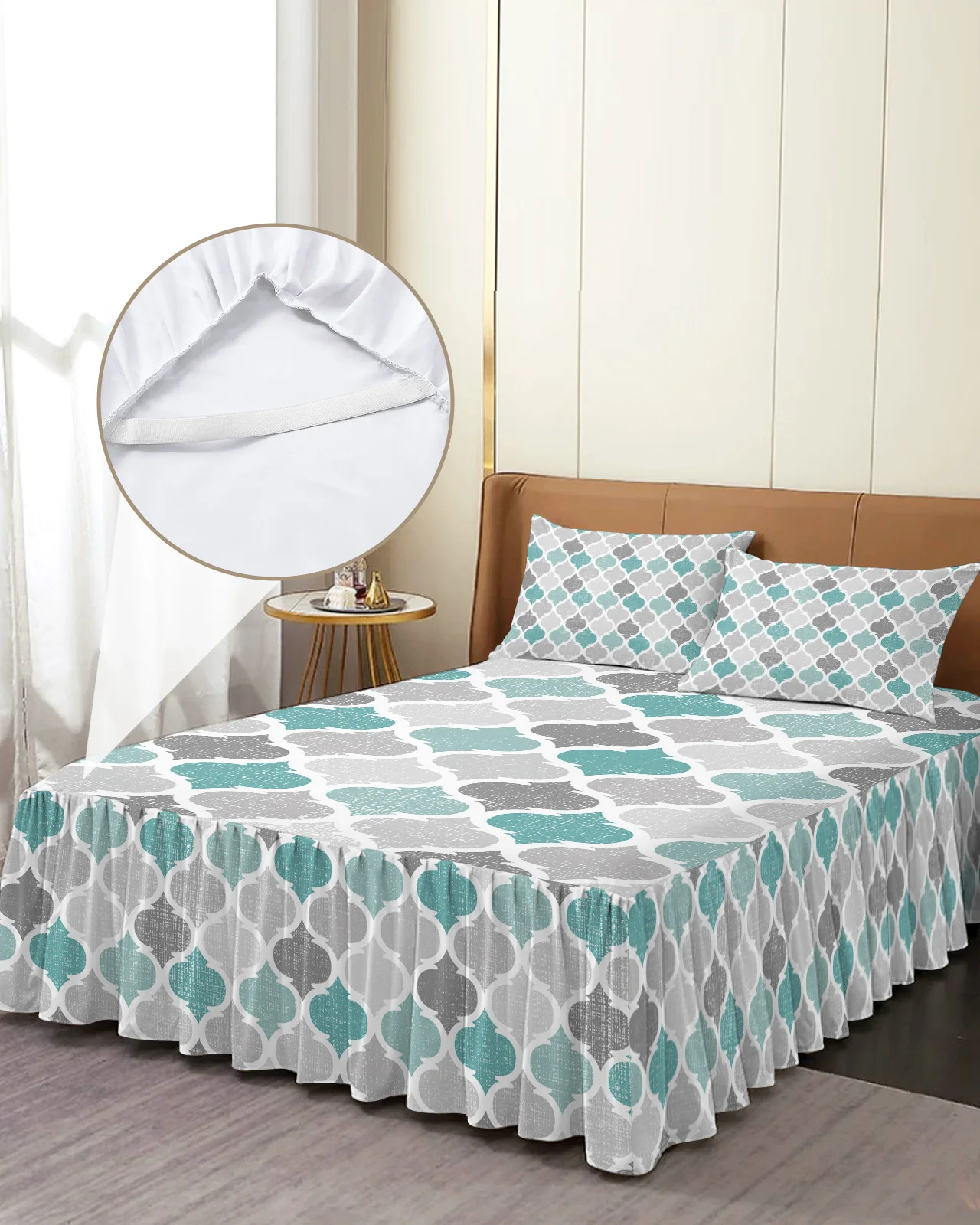 

Turquoise Grey Geometric Moroccan Retro Bed Skirt Elastic Fitted Bedspread With Pillowcases Mattress Cover Bedding Set Bed Sheet