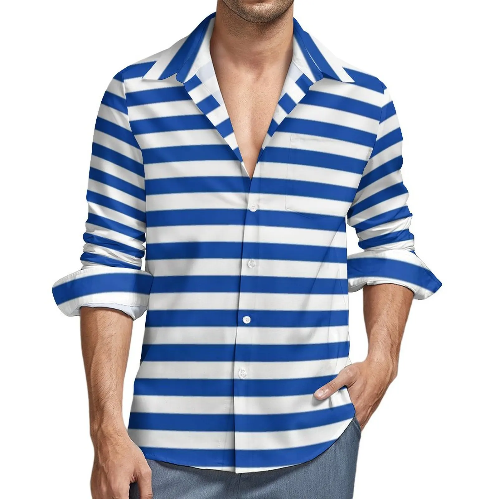 

Морская Блузка мужская синяя и белая рубашка в Вертикальную Полоску с длинным рукавом Классическая Y2K Уличная Повседневная рубашка осенний Графический Топ