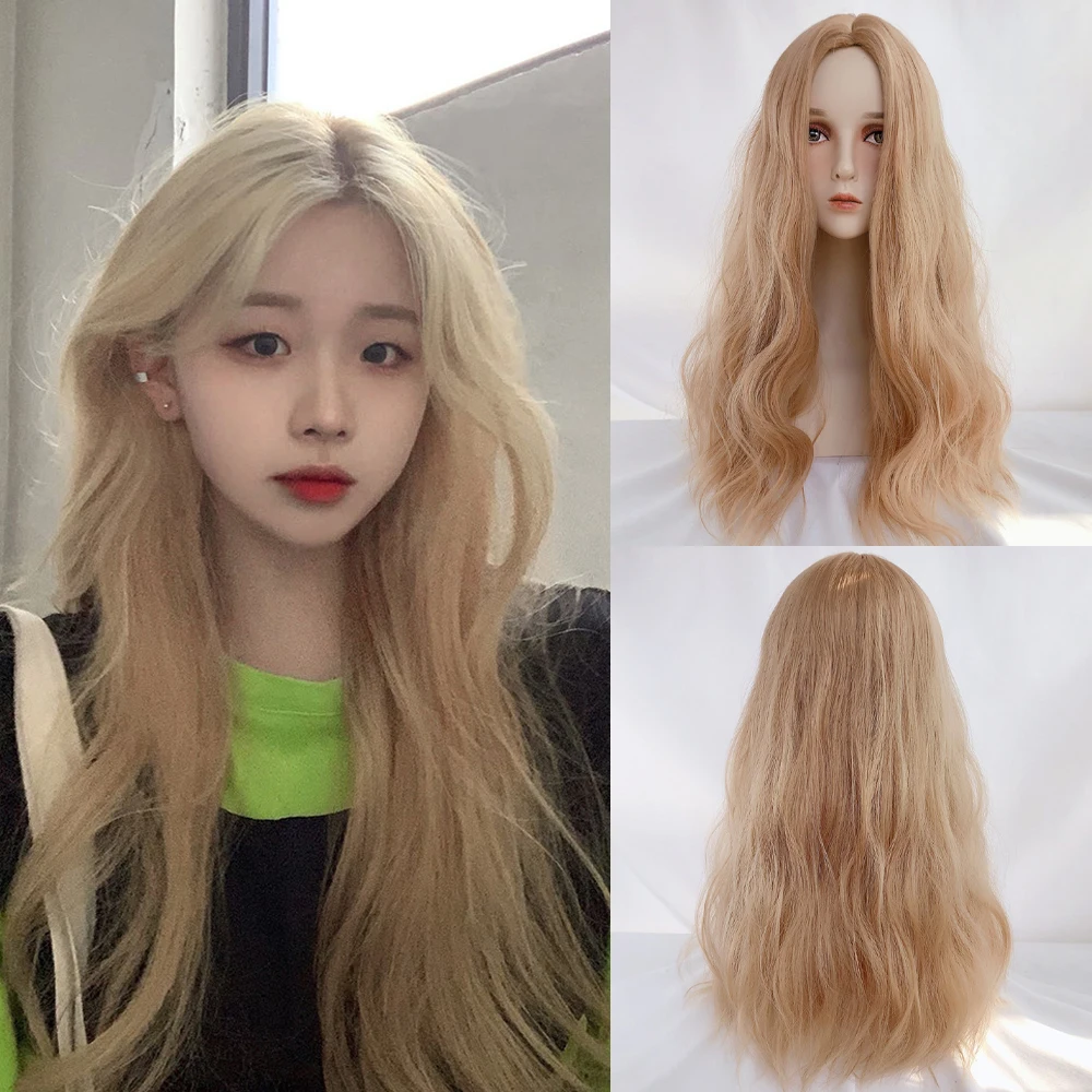 

Synthetic Blonde Long Wavy Curly Wigs Women Nature Fluffy Lolita Cosplay Middle Part Hair Wig for Daily Party