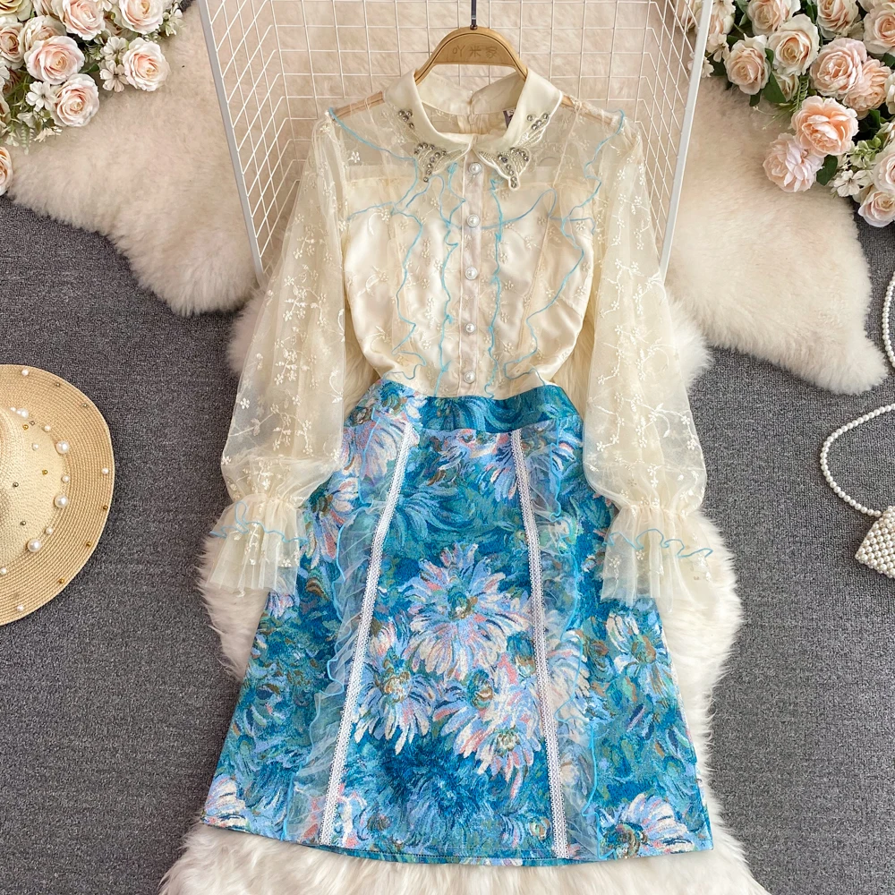 

Banulin 2022 Runway Summer Flower Jacquard Dress Women's Lantern Sleeve Lace Ruffles Mesh Embroidery Vintage Party Vestidos